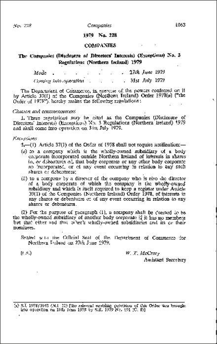 The Companies (Disclosure of Directors' Interests) (Exceptions) No. 3 Regulations (Northern Ireland) 1979