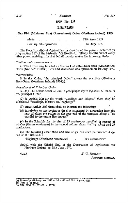 The Sea Fish (Minimum Size) (Amendment) Order (Northern Ireland) 1979