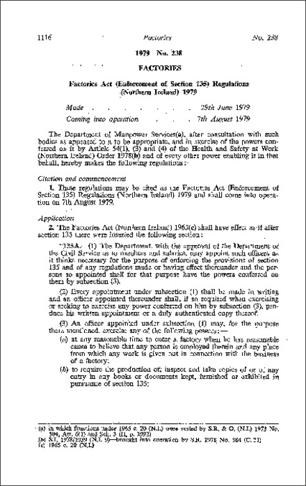 The Factories Act (Enforcement of Section 135) Regulations (Northern Ireland) 1979