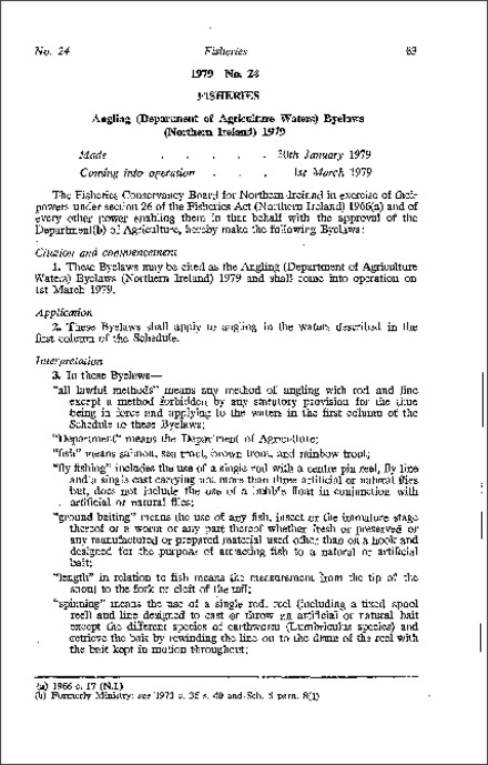 The Angling (Department of Agriculture Waters) Bye-Laws (Northern Ireland) 1979