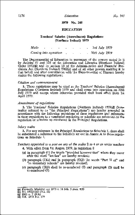 The Teachers' Salaries (Amendment) Regulations (Northern Ireland) 1979