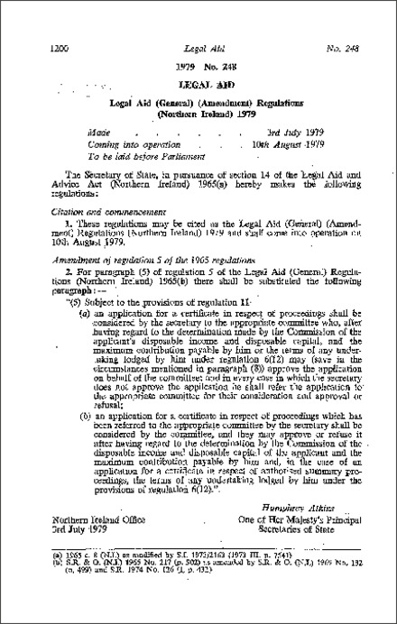 The Legal Aid (General) (Amendment) Regulations (Northern Ireland) 1979