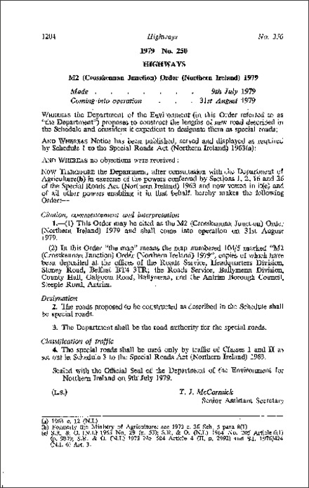 The M2 (Crosskennan Juncition) Order (NI) 1979