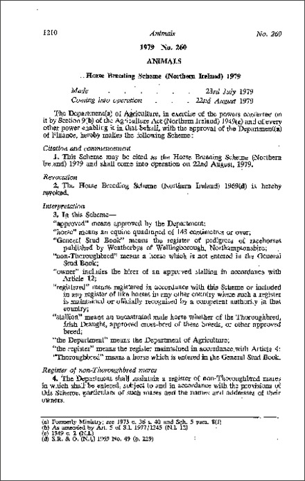 The Horse Breeding Scheme (Northern Ireland) 1979