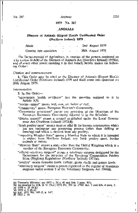 The Diseases of Animals (Export Health Certificates) Order (Northern Ireland) 1979