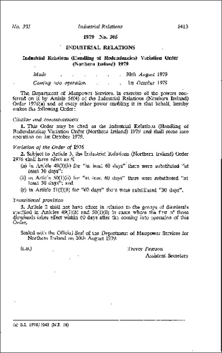 The Industrial Relations (Handling of Redundancies) Variation Order (Northern Ireland) 1979