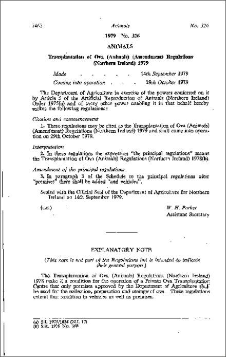 The Transplantation of Ova (Animals) (Amendment) Regulations (Northern Ireland) 1979