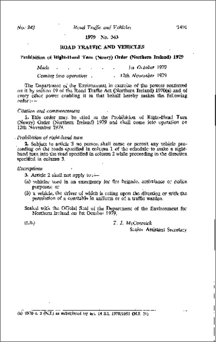 The Prohibition of Right-Hand Turn (Newry) Order (Northern Ireland) 1979