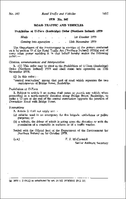 The Prohibition of U - Turn (Banbridge) Order (Northern Ireland) 1979