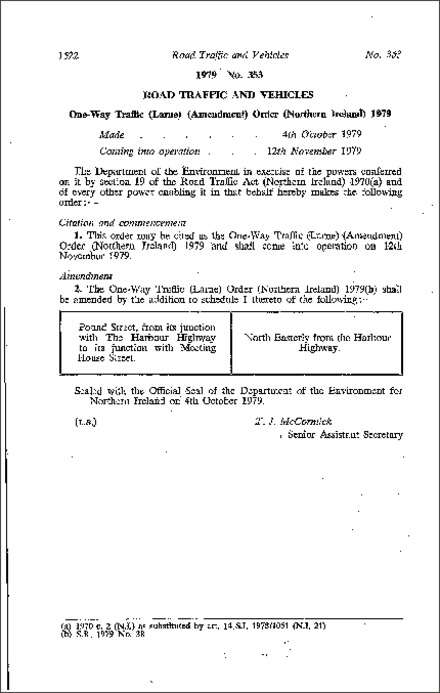 The One-Way Traffic (Larne) (Amendment) Order (Northern Ireland) 1979