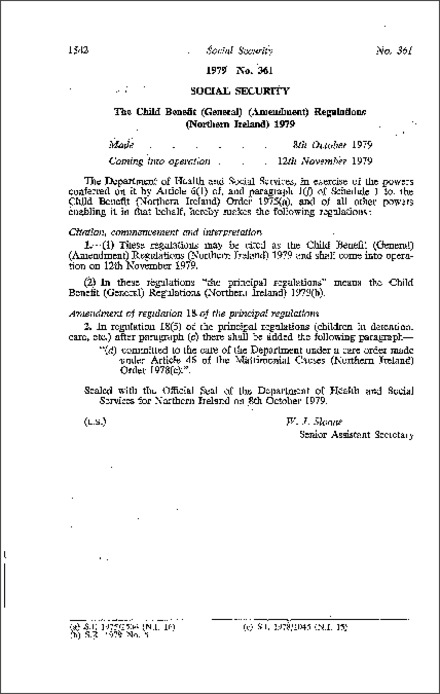 The Child Benefit (General) (Amendment) Regulations (Northern Ireland) 1979
