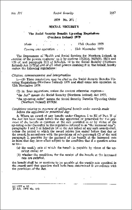 The Social Security Benefits Up-rating Regulations (Northern Ireland) 1979