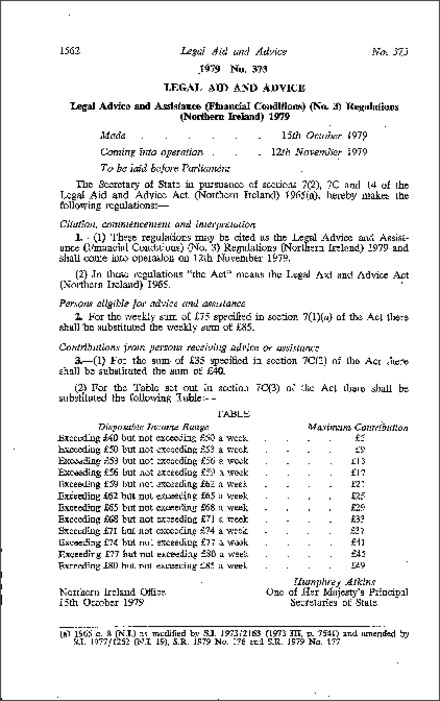 The Legal Advice and Assistance (Financial Conditions) (No. 3) Regulations (Northern Ireland) 1979