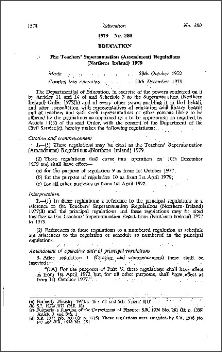 The Teachers' Superannuation (Amendment) Regulations (Northern Ireland) 1979