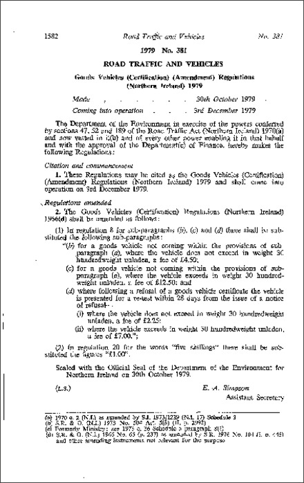 The Goods Vehicles (Certification) (Amendment) Regulations (Northern Ireland) 1979