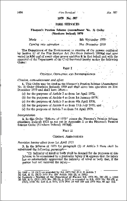The Firemen's Pension Scheme (Amendment No. 3) Order (Northern Ireland) 1979