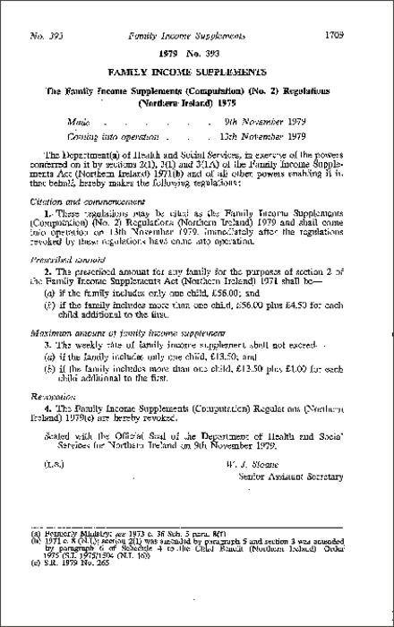 The Family Income Supplements (Computation) (No. 2) Regulations (Northern Ireland) 1979