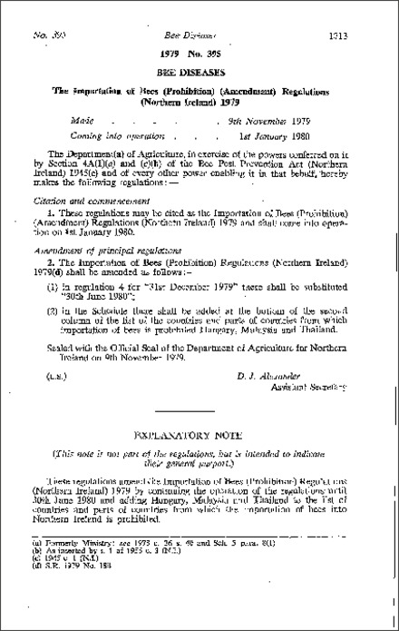 The Importation of Bees (Prohibition) (Amendment) Regulations (Northern Ireland) 1979