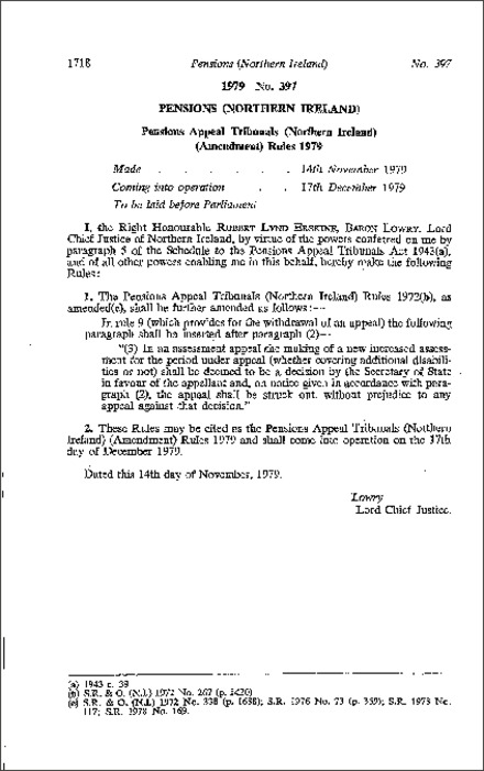 The Pensions Appeal Tribunals (Amendment) Rules (Northern Ireland) 1979