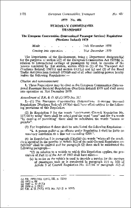 The European Communities (International Passenger Services) Regulations (Northern Ireland) 1979