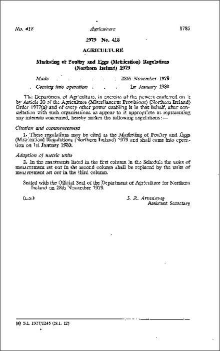 The Marketing of Poultry and Eggs (Metrication) Regulations (Northern Ireland) 1979