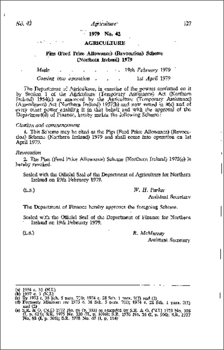 The Pigs (Feed Price Allowance) (Revocation) Scheme (Northern Ireland) 1979