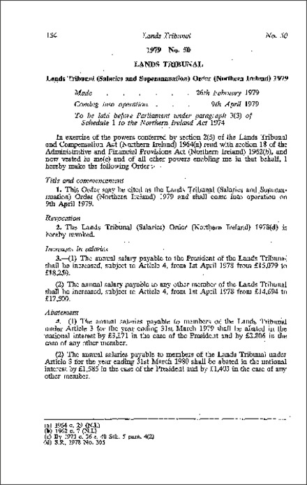 The Lands Tribunal (Salaries and Superannuation) Order (Northern Ireland) 1979