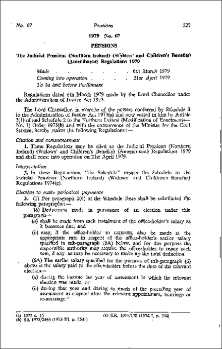 The Judicial Pensions (Northern Ireland) (Widows' and Children's Benefits) (Amendment) Regulations (Northern Ireland) 1979