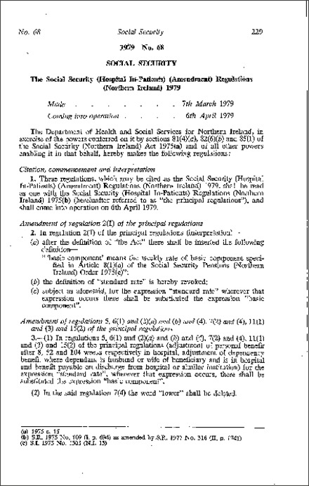 The Social Security (Hospital In-Patients) (Amendment) Regulations (Northern Ireland) 1979