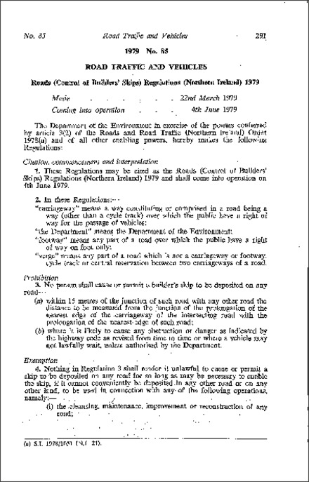 The Roads (Control of Builders' Skips) Regulations (Northern Ireland) 1979