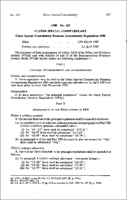 The Ulster Special Constabulary Pensions (Amendment) Regulations (Northern Ireland) 1980