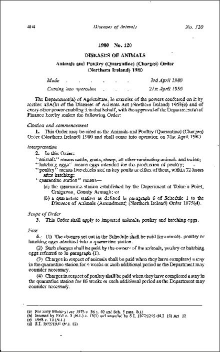 The Animals and Poultry (Quarantine) (Charges) Order (Northern Ireland) 1980