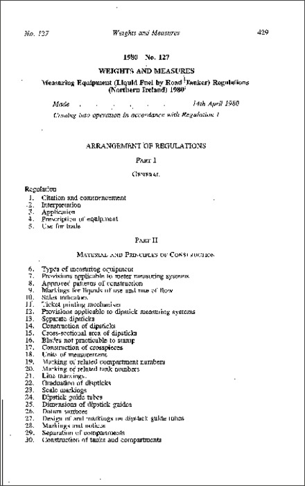 The Measuring Equipment (Liquid Fuel by Road Tanker) Regulations (Northern Ireland) 1980