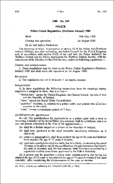 The Police Cadets Regulations (Northern Ireland) 1980