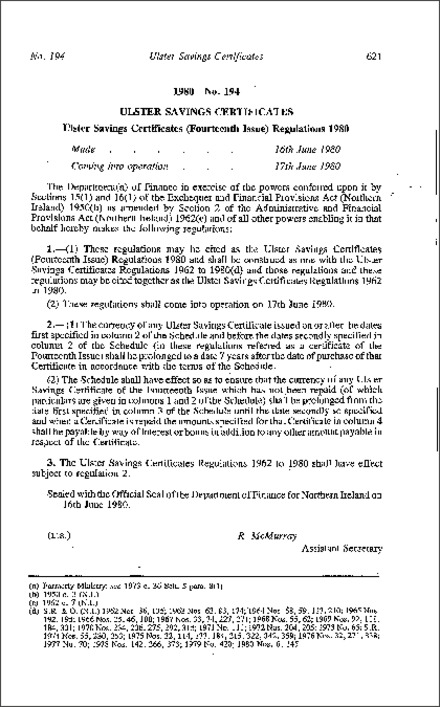 The Ulster Savings Certificates (Fourteenth Issue) Regulations (Northern Ireland) 1980