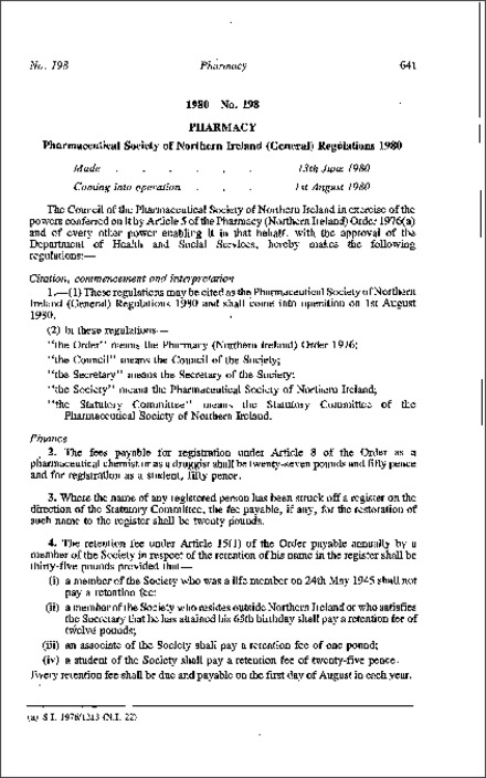 The Pharmaceutical Society of Northern Ireland (General) Regulations (Northern Ireland) 1980