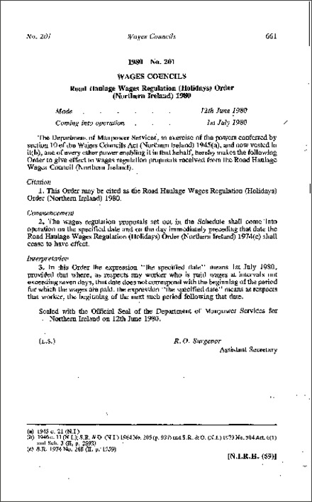 The Road Haulage Wages Regulation (Holidays) Order (Northern Ireland) 1980