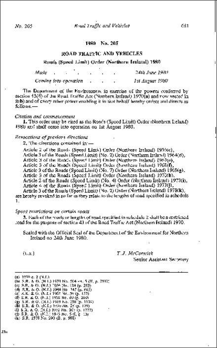 The Roads (Speed Limit) Order (Northern Ireland) 1980