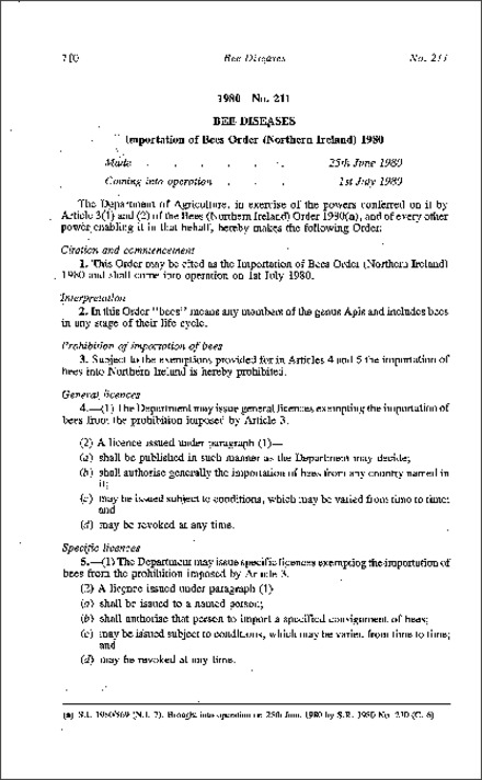 The Importation of Bees Order (Northern Ireland) 1980