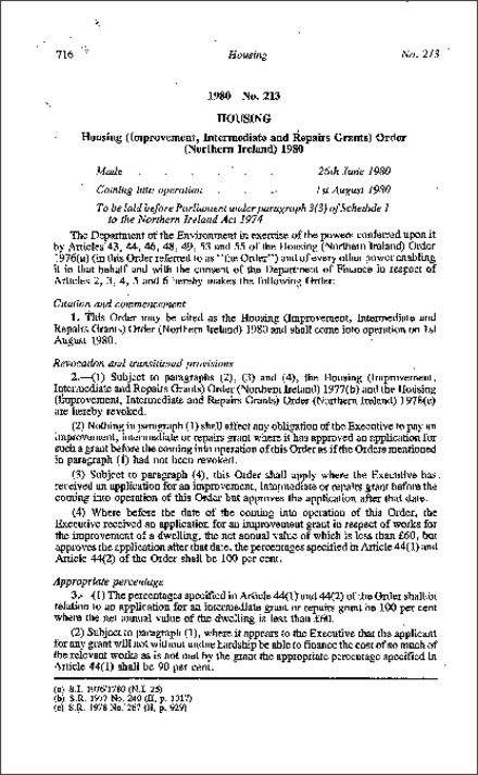 The Housing (Improvement, Intermediate and Repairs Grants) Order (Northern Ireland) 1980