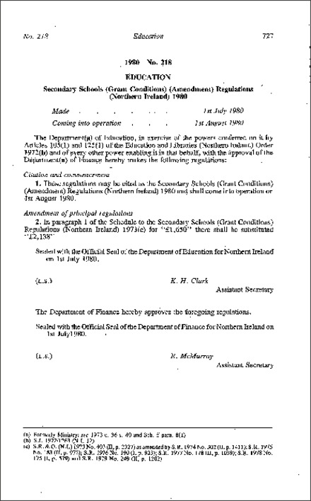 The Secondary Schools (Grant Conditions) (Amendment) Regulations (Northern Ireland) 1980