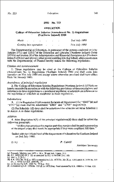 The College of Education Salaries (Amendment No. 2) Regulations (Northern Ireland) 1980