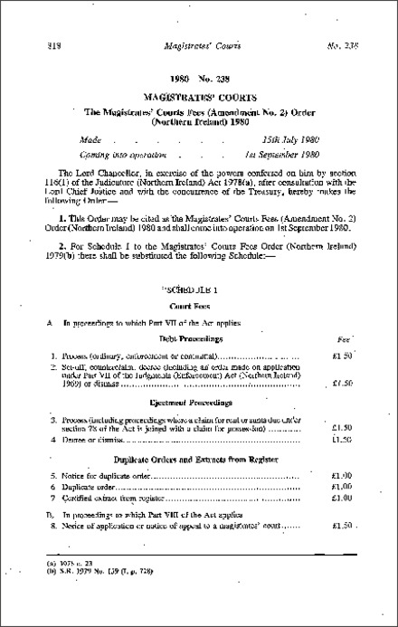 The Magistrates' Courts Fees (Amendment No. 2) Order (Northern Ireland) 1980