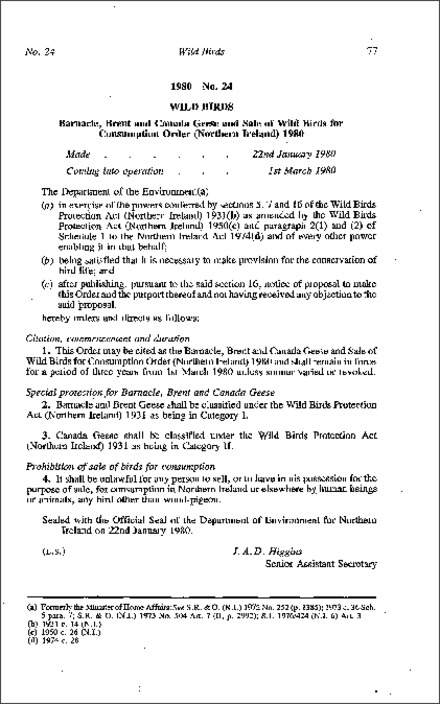 The Barnacle, Brent and Canada Geese and Sale of Wild Birds for Consumption Order (Northern Ireland) 1980