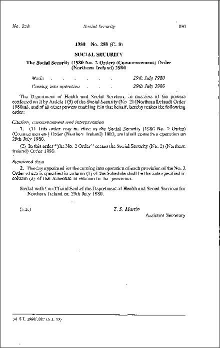 The Social Security Order) (Commencement) Order (Northern Ireland) 1980