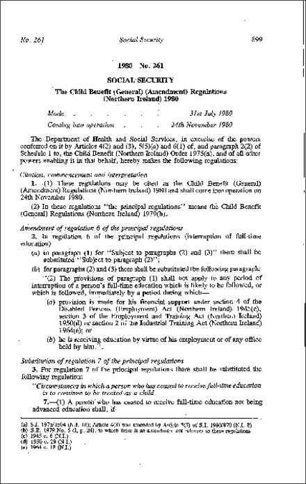 The Child Benefit (General) (Amendment) Regulations (Northern Ireland) 1980