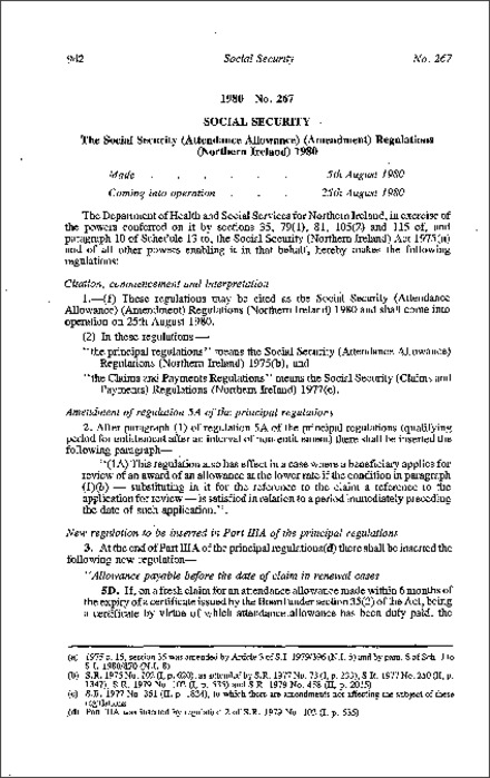 The Social Security (Attendance Allowance) (Amendment) Regulations (Northern Ireland) 1980