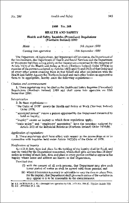 The Health and Safety Inquiries (Procedure) Regulations (Northern Ireland) 1980