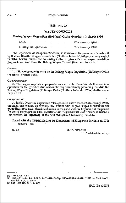 The Baking Wages Regulation (Holidays) Order (Northern Ireland) 1980