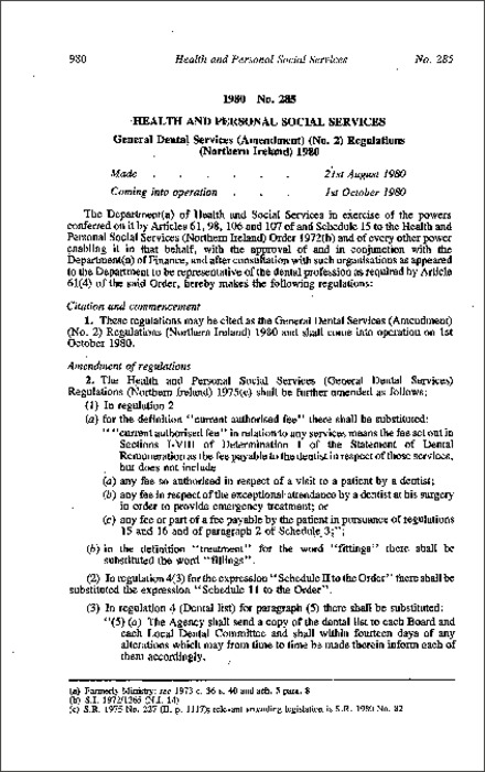 The General Dental Services (Amendment) (No. 2) Regulations (Northern Ireland) 1980